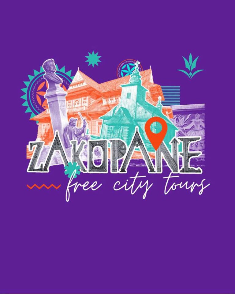 FREE CITY TOUR — bezpłatne spacery po Zakopanem, sierpień 2026 — plakat